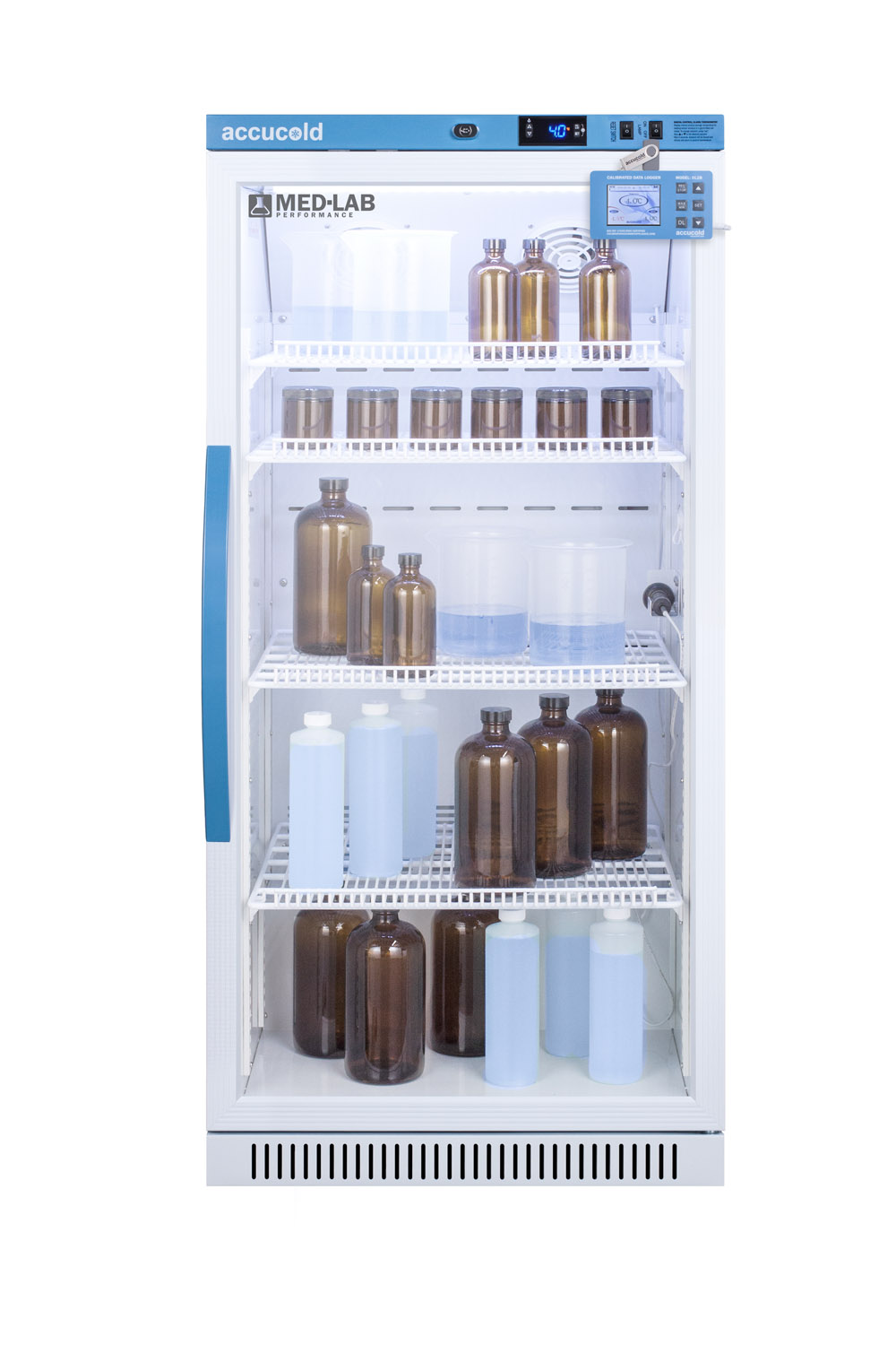 Performance series Med-Lab 8 cu.ft. upright glass door all-refrigerator for laboratory storage with factory-installed data logger, antimicrobial silve-ion handle, and hospital grade cord with 'green dot' plug